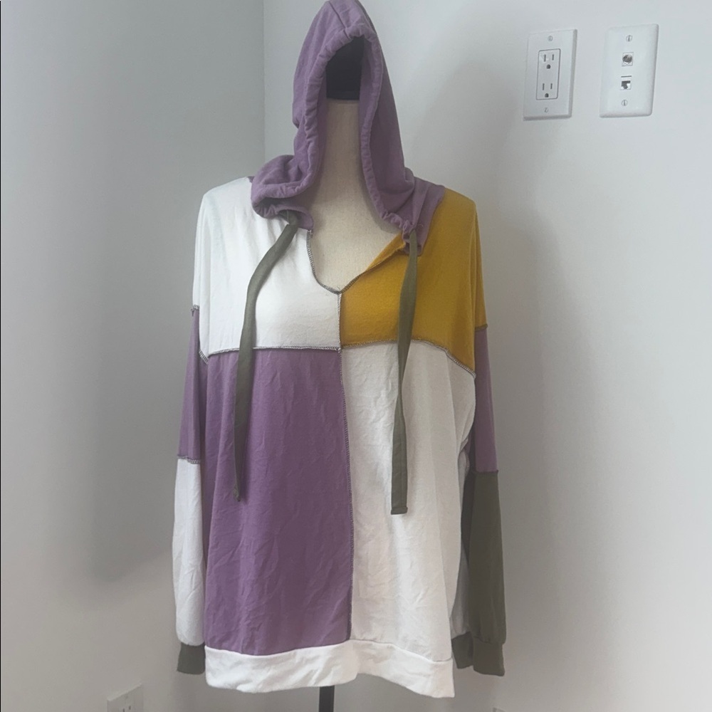 BiBi Purple and Gold Color Block V-Neck Hoodie.  Sz XL
